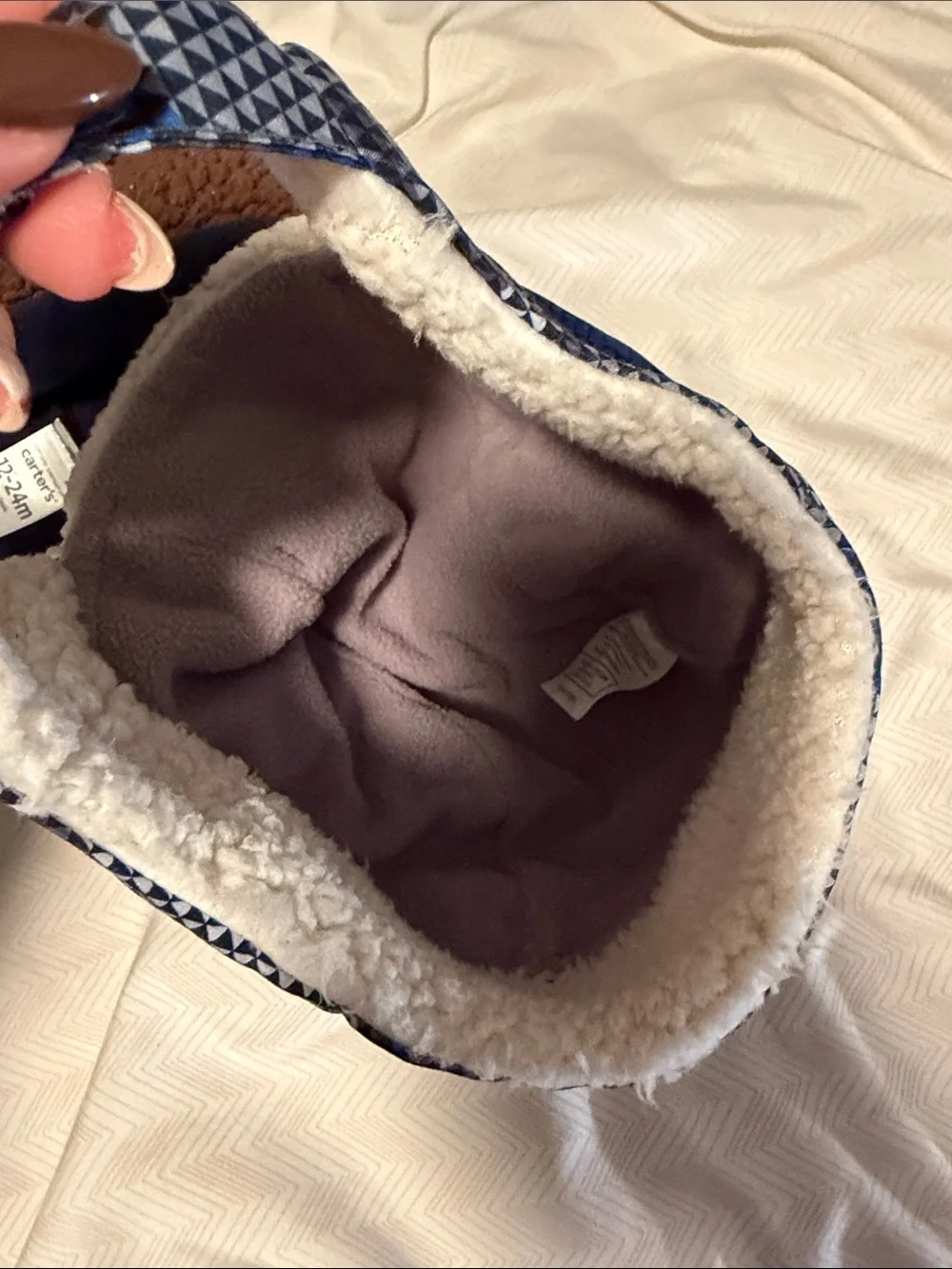 Carter's Brown Bear Fleece Hat and Navy Patterned Sherpa Earflap Hat